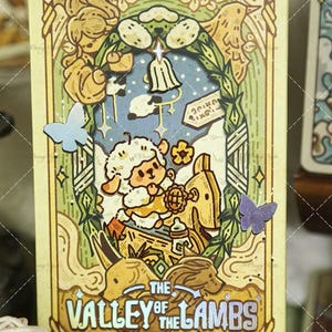 May include: A decorative card with a whimsical illustration. The card features a cartoon lamb riding a toy horse, surrounded by butterflies and the text "The Valley of the Lambs". The color palette includes yellow, blue, and green.