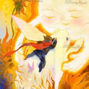 May include: An artistic illustration featuring a figure in a red cape embracing a large, luminous rabbit-like creature. The artwork is dominated by warm yellow and orange hues, with the text "Lux & 78 Nocturnal Veils" at the bottom.