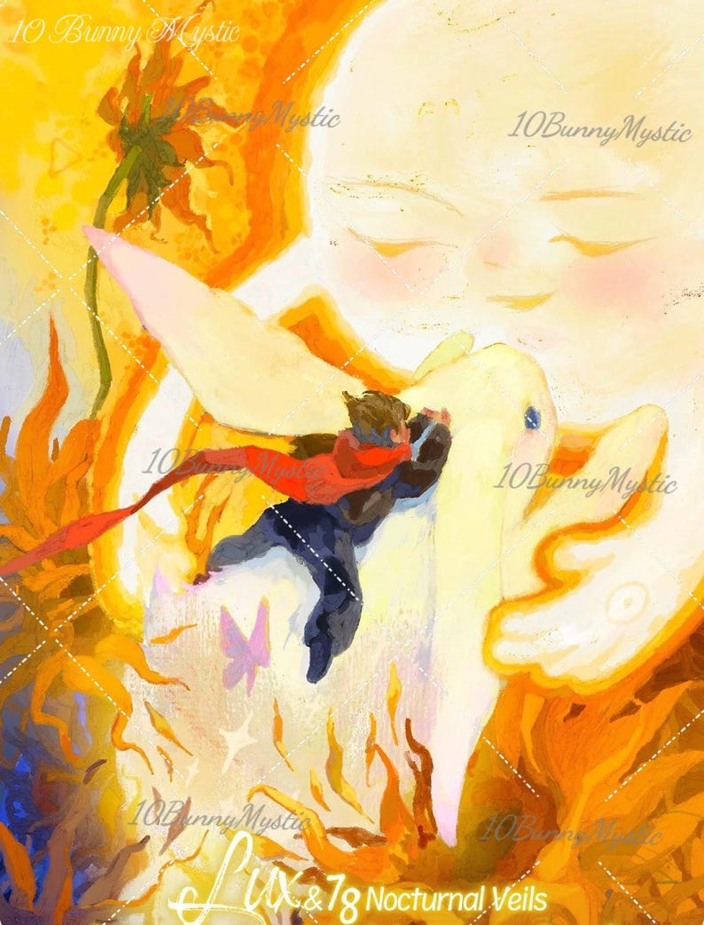 May include: An artistic illustration featuring a figure in a red cape embracing a large, luminous rabbit-like creature. The artwork is dominated by warm yellow and orange hues, with the text "Lux & 78 Nocturnal Veils" at the bottom.