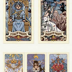 May include: A set of five tarot cards from the "Sword Group" featuring illustrations of figures and symbols. The cards include "King of Swords," "Queen of Swords," "Ace of Swords," "Two of Swords," and "Three of Swords." Each card has a unique design with a decorative border.