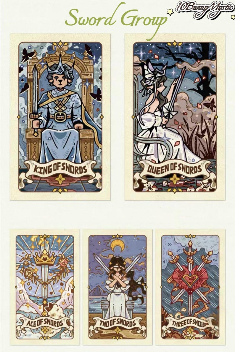 May include: A set of five tarot cards from the "Sword Group" featuring illustrations of figures and symbols. The cards include "King of Swords," "Queen of Swords," "Ace of Swords," "Two of Swords," and "Three of Swords." Each card has a unique design with a decorative border.