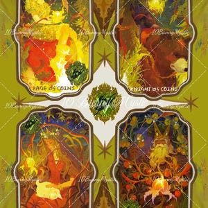 May include: A tarot card print featuring four cards: Page of Coins, Knight of Coins, Queen of Coins, and King of Coins. Each card has a unique illustration with vibrant colors and intricate details, set against a green background. The text "10BunnyMystic" is visible.