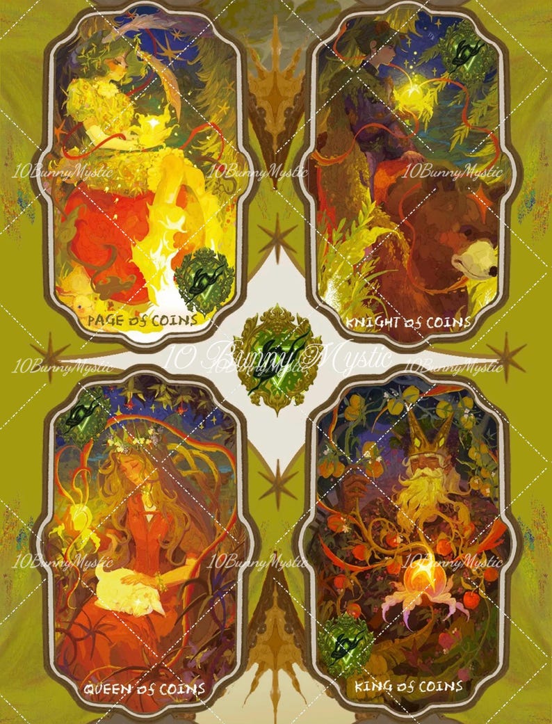 May include: A tarot card print featuring four cards: Page of Coins, Knight of Coins, Queen of Coins, and King of Coins. Each card has a unique illustration with vibrant colors and intricate details, set against a green background. The text "10BunnyMystic" is visible.