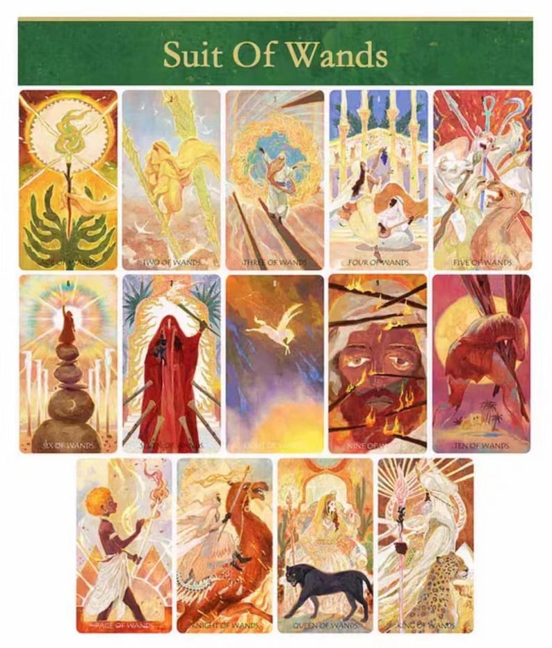 May include: A set of tarot cards titled "Suit of Wands." The cards feature colorful illustrations with themes of nature, figures, and abstract designs. The top of the image has a green banner with the title "Suit Of Wands."