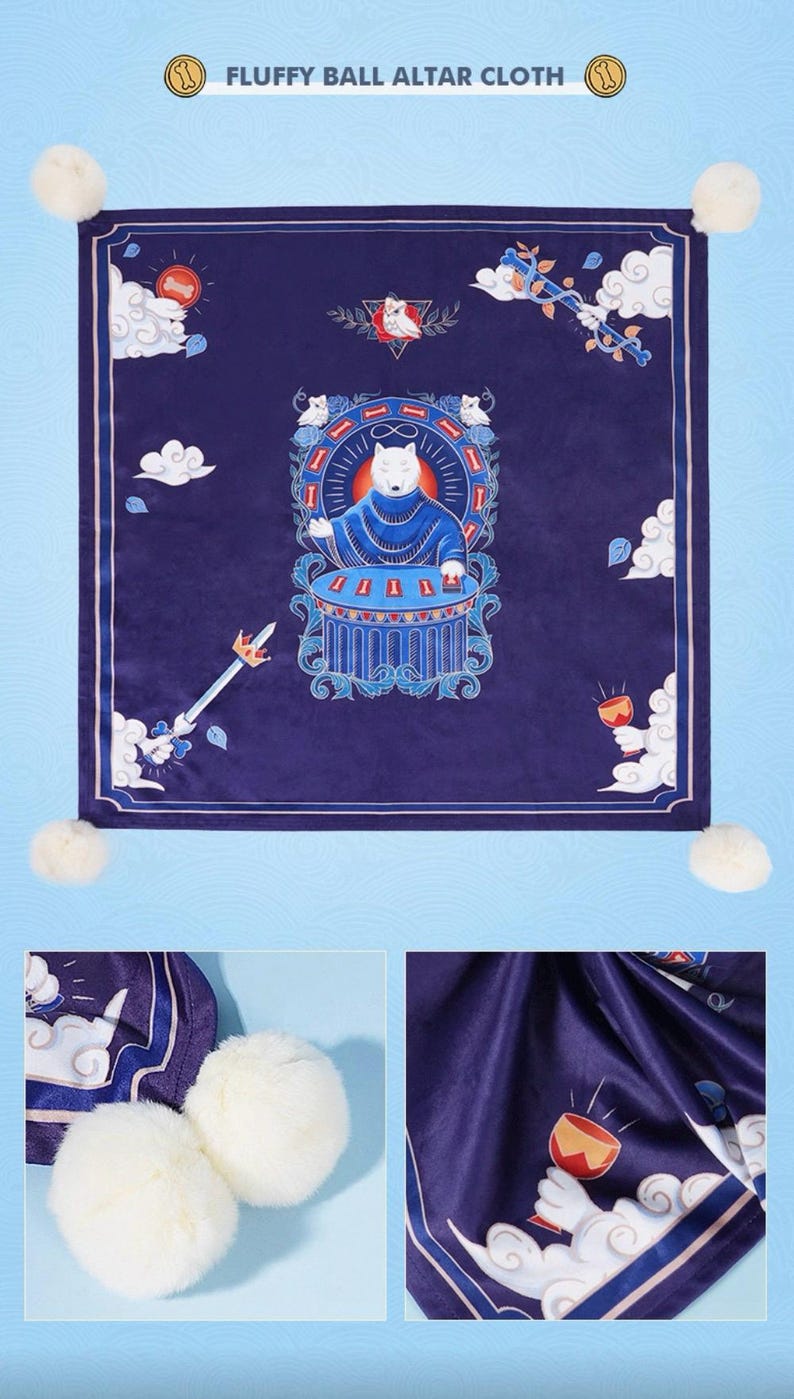 May include: A square dark blue altar cloth featuring the text FLUFFY BALL ALTAR CLOTH, decorated with white pom-poms at each corner. The central graphic depicts a white wolf in a blue robe at a table, surrounded by clouds, a sword, and a goblet.