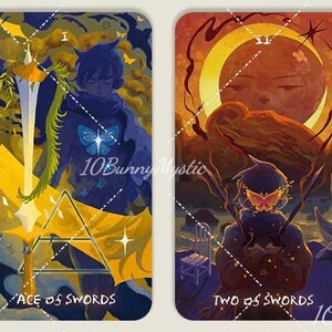 May include: Two tarot cards with illustrations. The left card reads "Ace of Swords" and depicts a figure with a sword. The right card reads "Two of Swords" and shows a figure with a butterfly. Both cards have a blue and yellow color scheme.