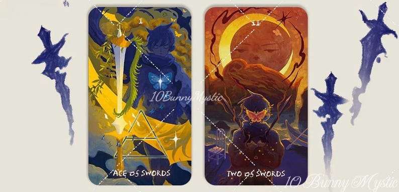 May include: Two tarot cards with illustrations. The left card reads "Ace of Swords" and depicts a figure with a sword. The right card reads "Two of Swords" and shows a figure with a butterfly. Both cards have a blue and yellow color scheme.