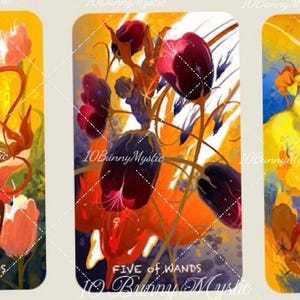 May include: Three tarot cards with colorful illustrations. The cards feature floral and abstract designs in shades of red, orange, yellow, and blue. Text on the cards reads "FOUR OF WANDS", "FIVE OF WANDS", and "SIX OF WANDS". The artist's name "10BunnyMystic" is also visible.