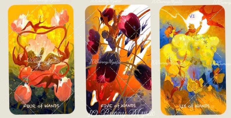 May include: Three tarot cards with colorful illustrations. The cards feature floral and abstract designs in shades of red, orange, yellow, and blue. Text on the cards reads "FOUR OF WANDS", "FIVE OF WANDS", and "SIX OF WANDS". The artist's name "10BunnyMystic" is also visible.