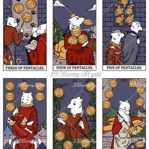 May include: A set of six tarot cards featuring white dog characters. The cards are labelled Three, Four, Five, Six, Seven, and Eight of Pentacles. Each card displays golden coins with bone symbols, paw prints, and various scenes with dog figures.