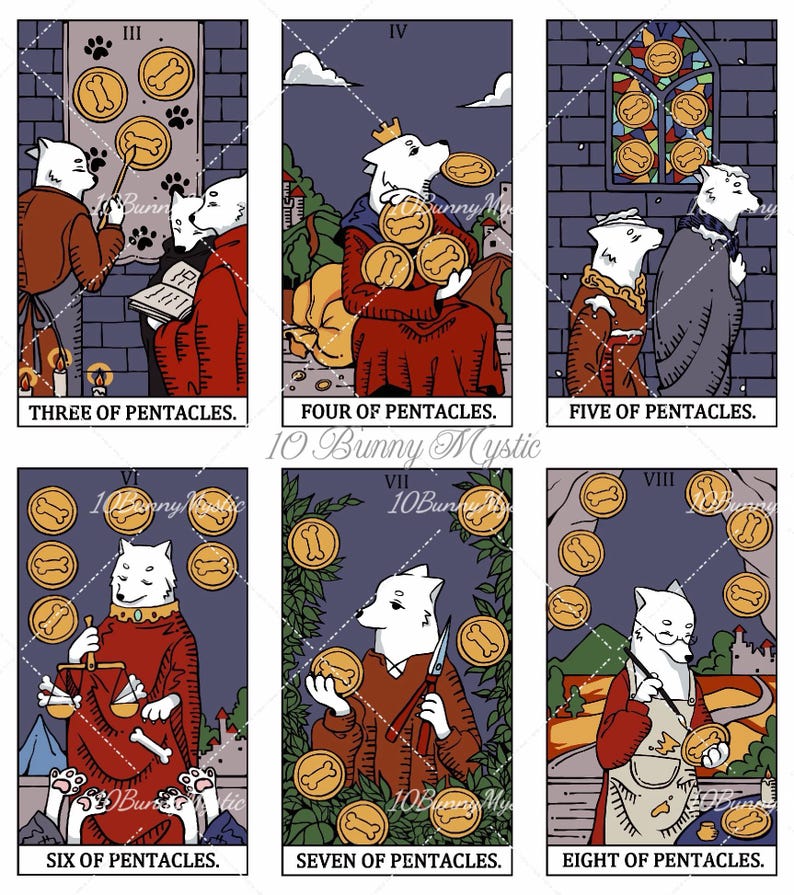 May include: A set of six tarot cards featuring white dog characters. The cards are labelled Three, Four, Five, Six, Seven, and Eight of Pentacles. Each card displays golden coins with bone symbols, paw prints, and various scenes with dog figures.