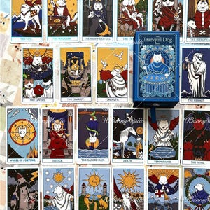 May include: A collection of tarot cards featuring dog illustrations, including The Fool, The Magician, The High Priestess, The Empress, The Hierophant, The Lovers, The Chariot, Strength, The Hermit, Wheel of Fortune, Justice, The Hanged Man, Death, Temperance, The Devil, The Tower, The Star, The Moon, The Sun, Judgement, and The World, alongside a blue box labelled The Tranquil Dog.
