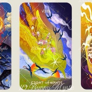 May include: Set of three tarot cards featuring stylized illustrations. The first card shows a figure with flames, the text "SEVEN OF WANDS". The second card depicts birds and flowers, with the text "EIGHT OF WANDS". The third card shows a figure with the text "NINE OF WANDS".
