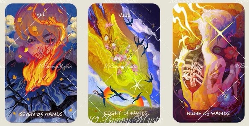 May include: Set of three tarot cards featuring stylized illustrations. The first card shows a figure with flames, the text "SEVEN OF WANDS". The second card depicts birds and flowers, with the text "EIGHT OF WANDS". The third card shows a figure with the text "NINE OF WANDS".