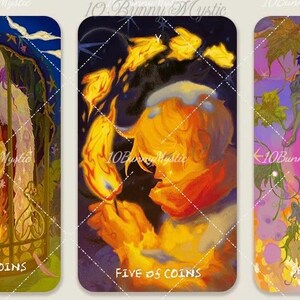 May include: Set of three tarot cards with colorful illustrations. The first card shows a cage with figures and the text "FOUR OF COINS". The second card depicts a person holding flames, with the text "FIVE OF COINS". The third card shows a figure on pink orbs, with the text "SEVEN OF COINS".