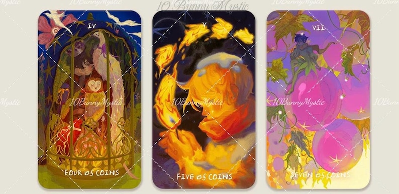 May include: Set of three tarot cards with colorful illustrations. The first card shows a cage with figures and the text "FOUR OF COINS". The second card depicts a person holding flames, with the text "FIVE OF COINS". The third card shows a figure on pink orbs, with the text "SEVEN OF COINS".