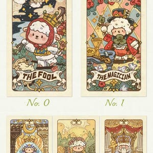 May include: A set of illustrated tarot cards featuring whimsical characters. The cards include "The Fool," "The Magician," "The High Priestess," "The Empress," and "The Emperor." Each card has a unique design with detailed artwork and text.