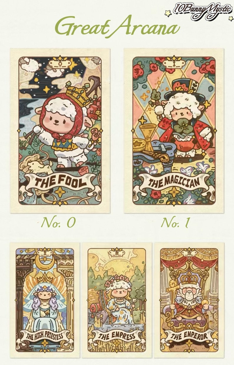 May include: A set of illustrated tarot cards featuring whimsical characters. The cards include "The Fool," "The Magician," "The High Priestess," "The Empress," and "The Emperor." Each card has a unique design with detailed artwork and text.