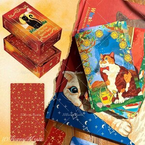 May include: A selection of cat-themed tarot cards and associated items. The set includes a red box with a black cat illustration, a red card with gold star patterns, and a book titled "Whisker: A Feline Guide to In." The cards feature colourful cat illustrations.