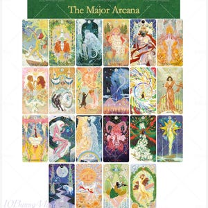 May include: A deck of tarot cards featuring colorful illustrations of The Major Arcana. The cards have a variety of images, including figures, animals, and celestial bodies. The top of the image has the text "The Major Arcana" and the brand name.