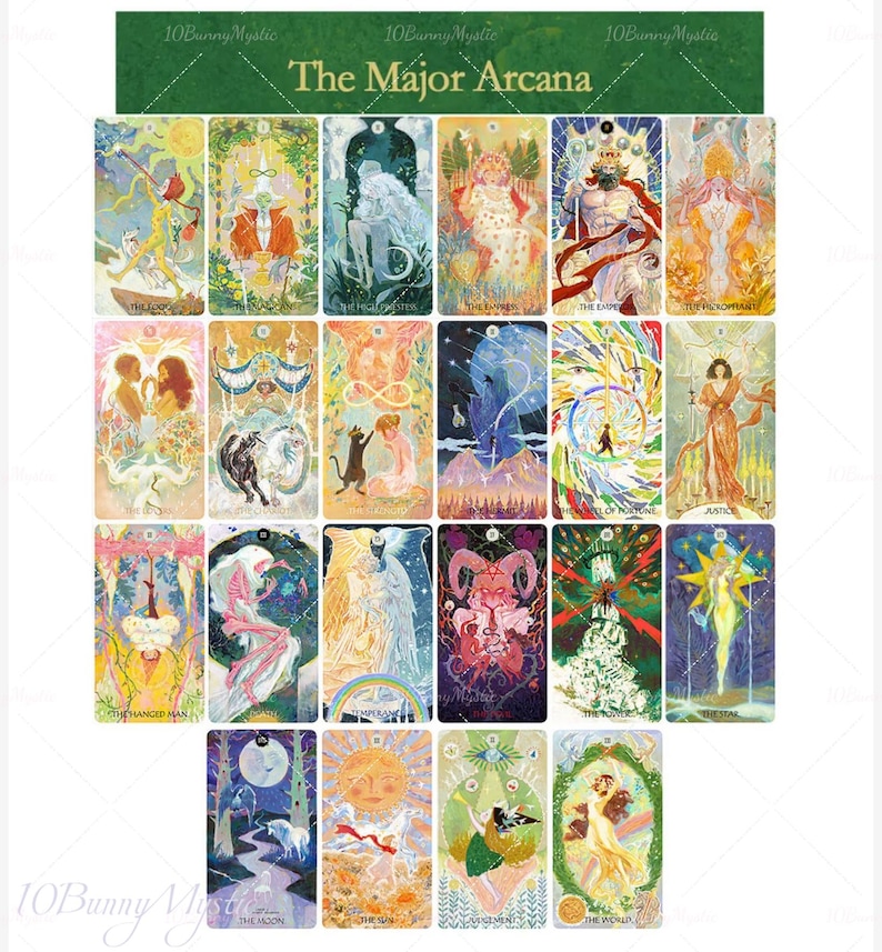 May include: A deck of tarot cards featuring colorful illustrations of The Major Arcana. The cards have a variety of images, including figures, animals, and celestial bodies. The top of the image has the text "The Major Arcana" and the brand name.