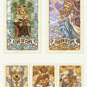 May include: A set of tarot cards featuring illustrations of the King of Cups, Queen of Cups, Ace of Cups, Two of Cups, and Three of Cups. Each card has a unique design with ornate borders and text at the bottom. The cards have a vintage aesthetic.