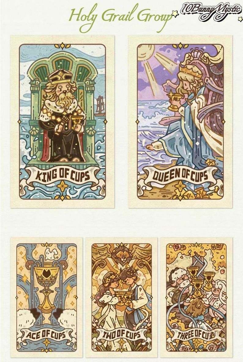 May include: A set of tarot cards featuring illustrations of the King of Cups, Queen of Cups, Ace of Cups, Two of Cups, and Three of Cups. Each card has a unique design with ornate borders and text at the bottom. The cards have a vintage aesthetic.