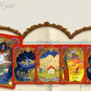 May include: A set of tarot cards with a red border and gold accents. Each card features a unique illustration, including a rider on a winged horse, a ship, a house, a tree, and a cloud. The text "1 rider", "3 ship", "4 house", "5 tree", and "6 cloud" is visible.