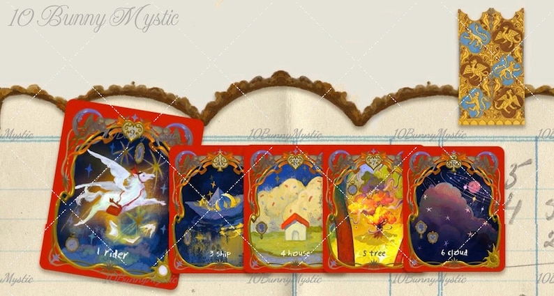 May include: A set of tarot cards with a red border and gold accents. Each card features a unique illustration, including a rider on a winged horse, a ship, a house, a tree, and a cloud. The text "1 rider", "3 ship", "4 house", "5 tree", and "6 cloud" is visible.