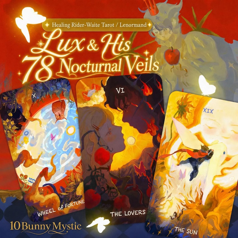 May include: A tarot card deck titled "Lux & His 78 Nocturnal Veils" with three cards visible. The cards feature illustrations of "The Wheel of Fortune", "The Lovers", and "The Sun". The deck is from "10 Bunny Mystic".