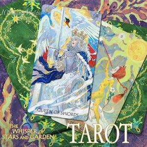 May include: Tarot card deck featuring the "Queen of Swords" card with a woman holding a sword, a swan, and the text "Queen of Swords". The deck also includes a card with a figure holding a wand and the word "Tarot". The cards are set against a green and purple background.