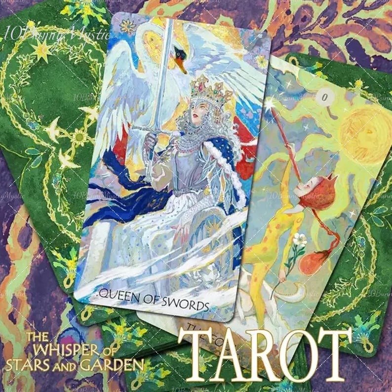 May include: Tarot card deck featuring the "Queen of Swords" card with a woman holding a sword, a swan, and the text "Queen of Swords". The deck also includes a card with a figure holding a wand and the word "Tarot". The cards are set against a green and purple background.