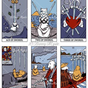 May include: A set of six tarot cards featuring illustrations of white bunnies. The cards are labelled Ace of Swords, Two of Swords, Three of Swords, Four of Swords, Five of Swords, and Six of Swords. Each card depicts a unique scene with swords.