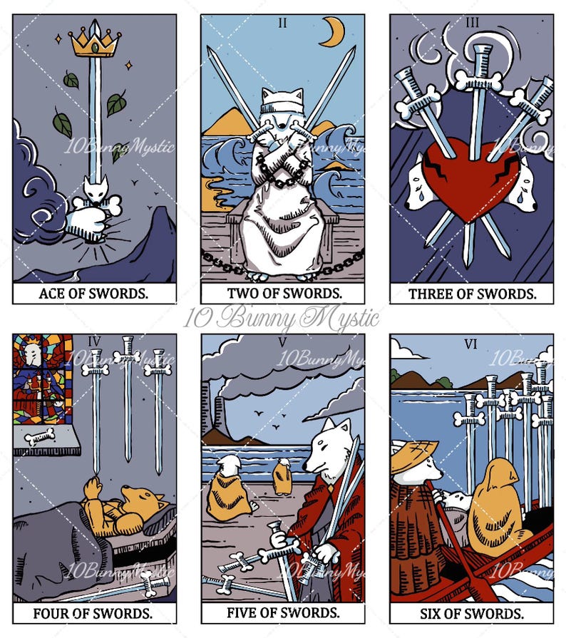 May include: A set of six tarot cards featuring illustrations of white bunnies. The cards are labelled Ace of Swords, Two of Swords, Three of Swords, Four of Swords, Five of Swords, and Six of Swords. Each card depicts a unique scene with swords.