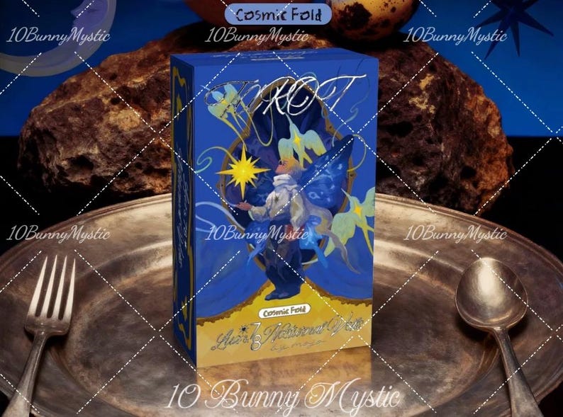 May include: A blue tarot card box with the word "TAROT" in white script. The box features a celestial illustration with a figure, stars, and butterflies. The text "Cosmic Fold" is visible. A fork and spoon flank the box on a silver platter.