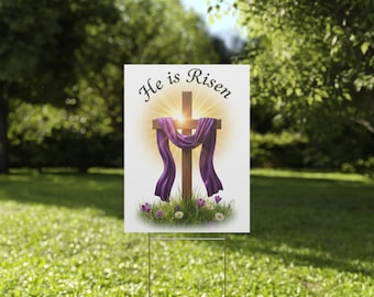 Letrero de jardín con la cruz "Él ha resucitado" / Decoración cristiana de Pascua