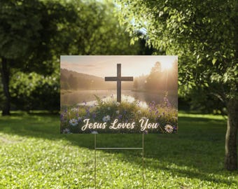 Letrero de plástico para jardín con la frase "Jesús te ama" / Escena floral primaveral