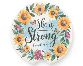 Ella es fuerte, Proverbios 31:35 Posavasos para auto, Accesorios inspiradores para auto