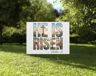 Letrero de plástico para jardín con la frase "Él ha resucitado" / Cruz floral de Pascua Mateo 28