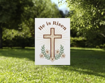 Letrero de jardín con la cruz "Él ha resucitado" / Decoración floral de Pascua