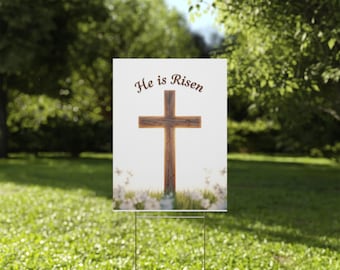 Letrero de plástico para jardín con la cruz "Él ha resucitado" / Decoración de Pascua