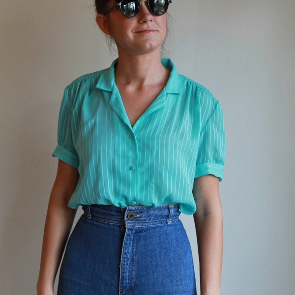 Vintage 80s Blouse / Teal Button Down Shirt  / Sheer Striped Top