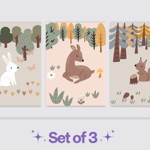 Set of 3 - Kids room decor-  DIGITAL DOWNLOAD- Forest Animal Prints- Soft Neutral art- Girls room prints | Nursery Wall Art