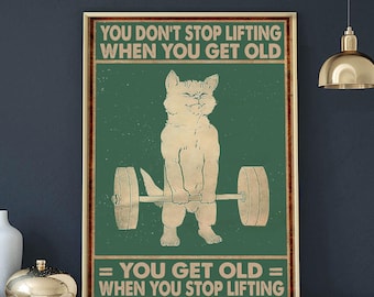 Funny Cat Lifting Poster, Motivational Quote Wall Art, Gift For Weightlifter Dad Print, Home Gym Decor For Fitness Lover Poster