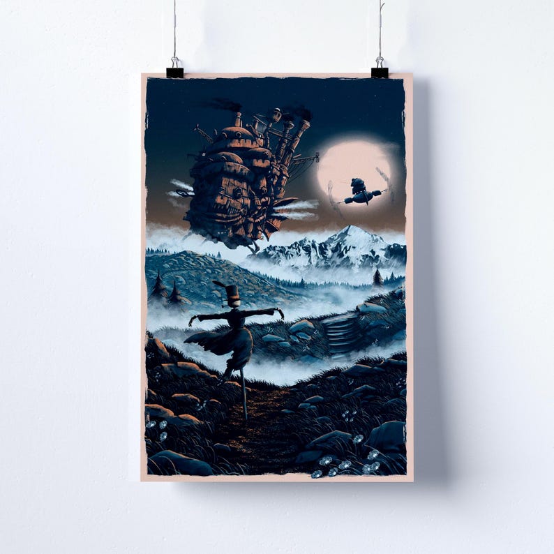 May include: A poster featuring a fantasy landscape with a large, moving castle in the sky. A scarecrow stands in the foreground, with mountains and a full moon in the background. The color palette is primarily blues and browns.