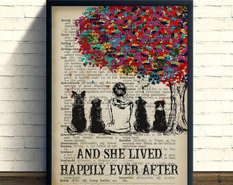 And She Lived Happily Ever After Dog Lover Poster, Gift For Pet Owner, Book Lover Hobby Wall Art, Woman With Dogs Quote Canvas