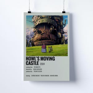 May include: Poster featuring the animated film "Howl's Moving Castle." The image showcases the castle, a large, mechanical structure, set against a green field and mountains. The poster includes the film's title, year, and credits.