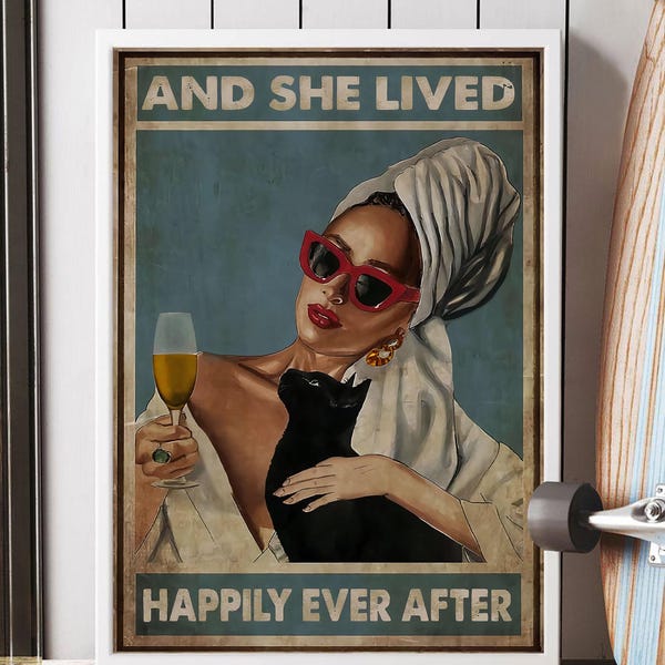 En ze leefde nog lang en gelukkig poster of canvas, feministische kat moeder print, zelfzorg kunst aan de muur, alleenstaande vrouw hobby muur decor, zwarte kat cadeau
