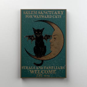 May include: A teal poster featuring a black cat with bat wings sitting on a crescent moon with a face. Text reads "Salem Sanctuary for Wayward Cats" and "Ferals and Familiars Welcome Est. 1693".