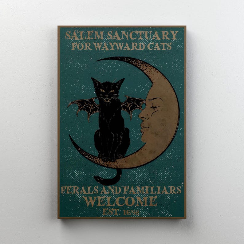 May include: A teal poster featuring a black cat with bat wings sitting on a crescent moon with a face. Text reads "Salem Sanctuary for Wayward Cats" and "Ferals and Familiars Welcome Est. 1693".